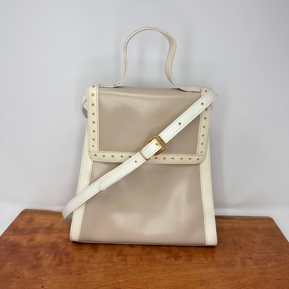 Vintage Dillards Beige Leather Satchel Mod Style Top Handle with Crossbody Strap